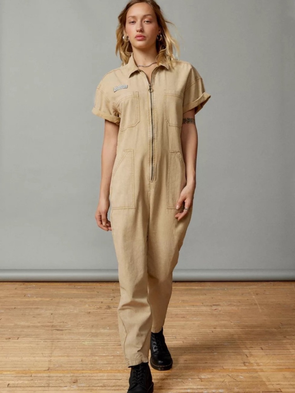 Urban Outfitters/BDG Renee Coverall Utility Zip-Front Jumpsuit in Beige